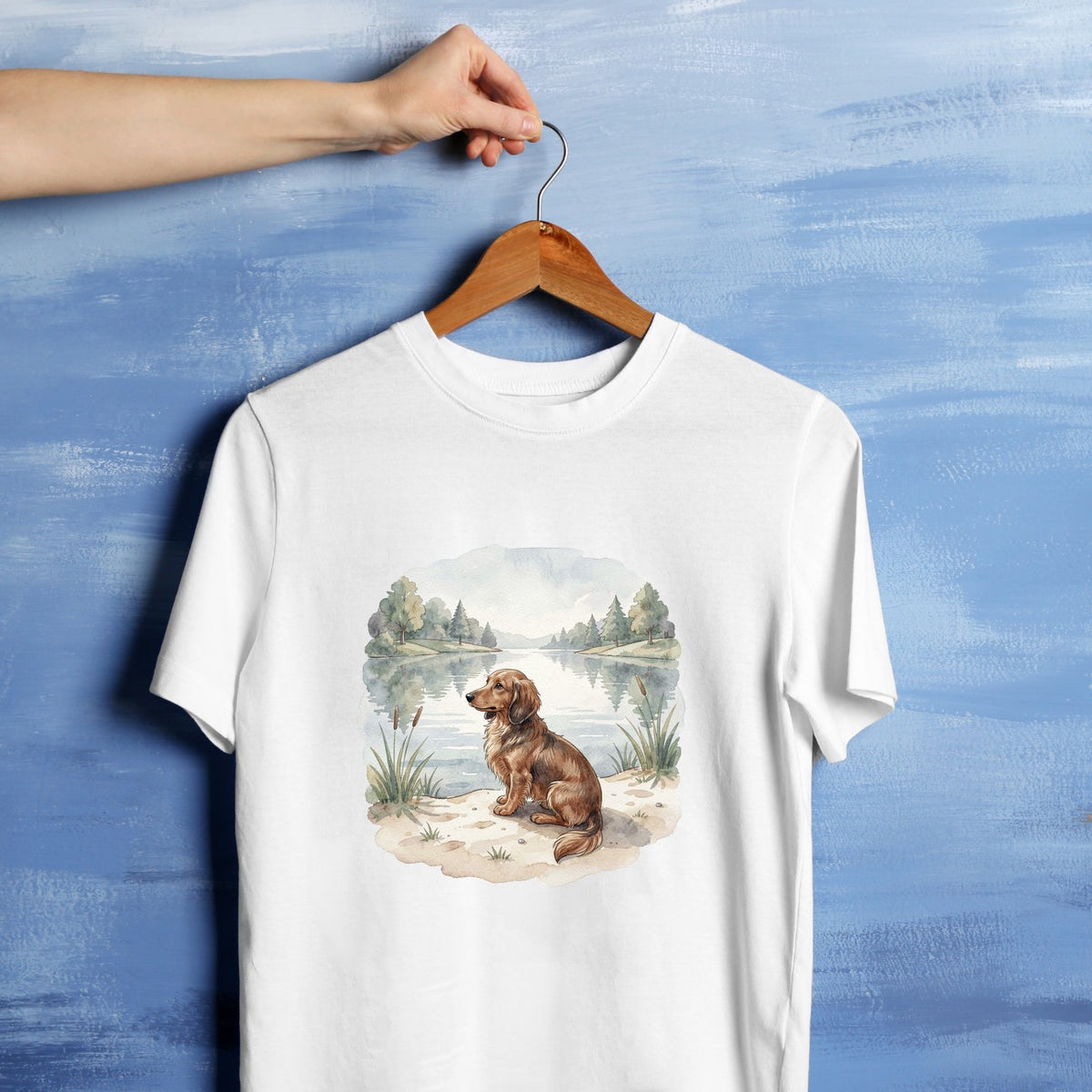 Bügelbild: Dackel am ruhigen See inkl. Anleitung – auf weißem T-Shirt