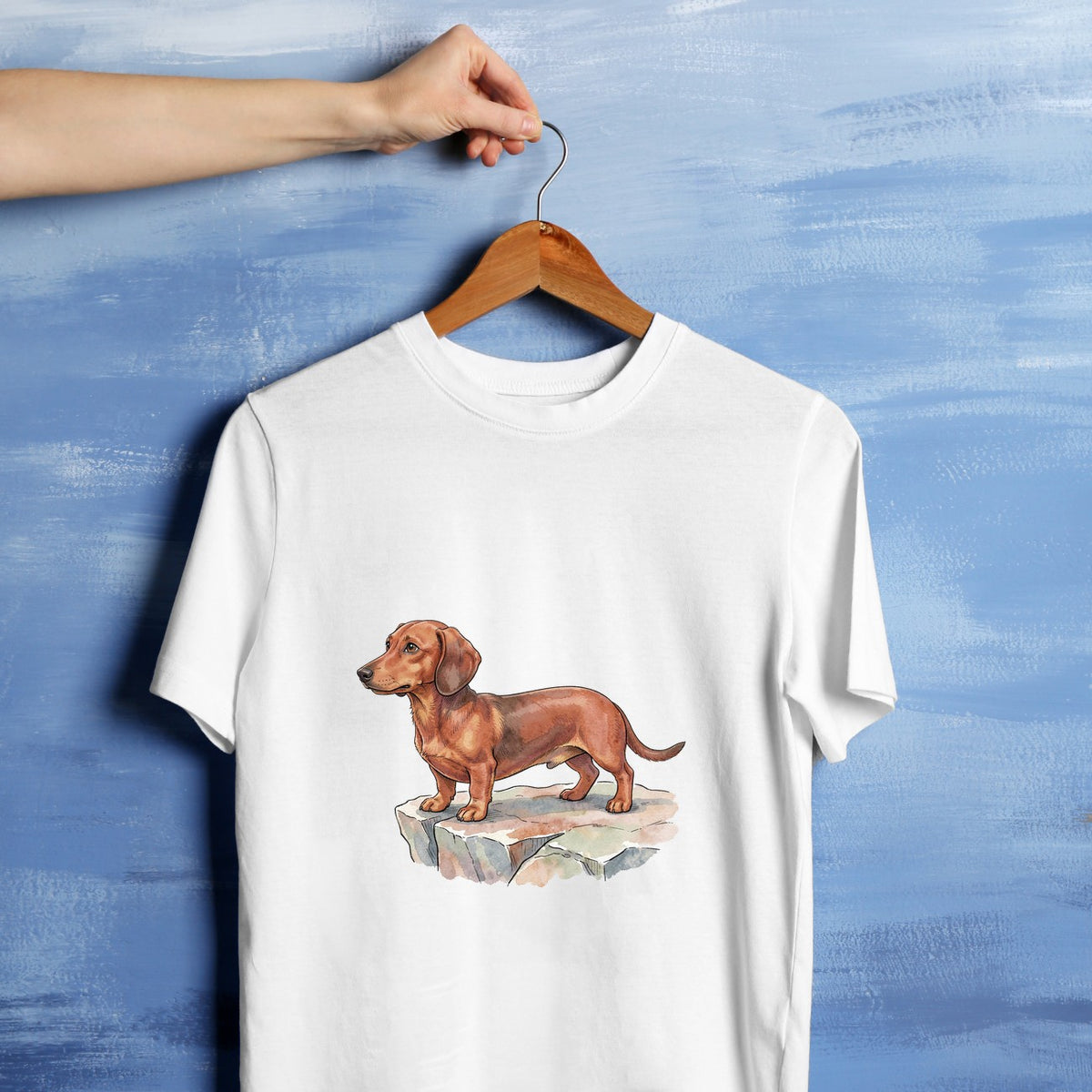 Bügelbild: Dackel auf dem Felsen inkl. Anleitung – auf weißem T-Shirt