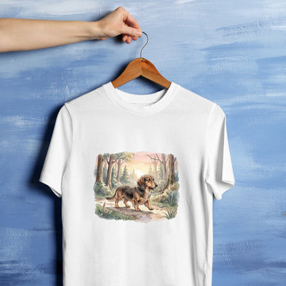 Bügelbild: Dackel auf Waldspaziergang inkl. Anleitung – auf weißem T-Shirt
