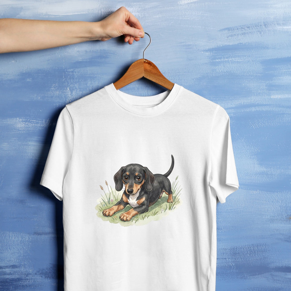Bügelbild: Dackel im Gras liegend inkl. Anleitung – auf weißem T-Shirt