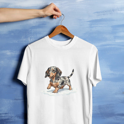 Bügelbild: Dackel im kalten Matsch inkl. Anleitung – auf weißem T-Shirt