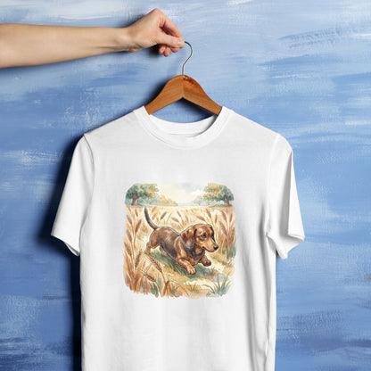 Bügelbild: Dackel im Weizenfeld inkl. Anleitung – auf weißem T-Shirt