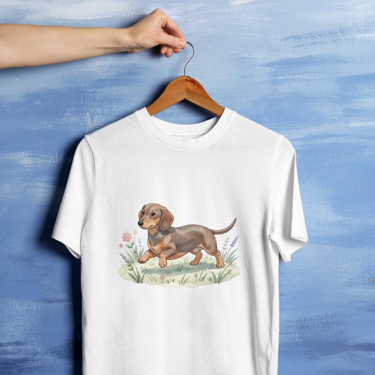Bügelbild: Dackel in der Blumenwiese inkl. Anleitung – auf weißem T-Shirt