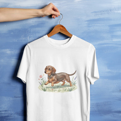 Bügelbild: Dackel in der Blumenwiese inkl. Anleitung – auf weißem T-Shirt
