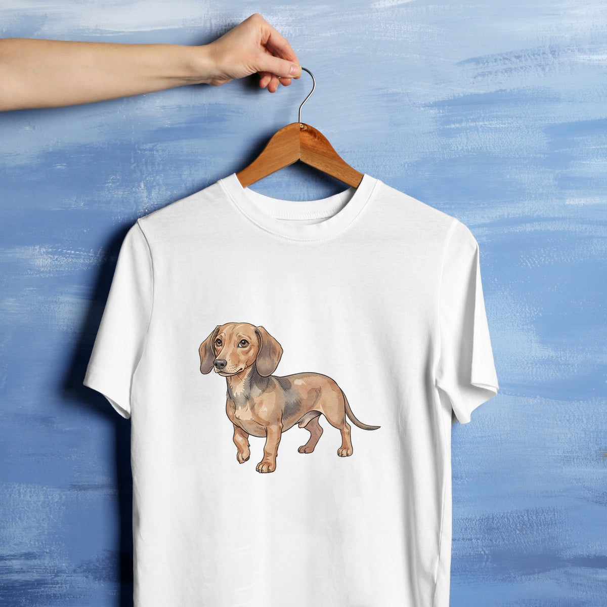 Bügelbild: Dackel mit dunklem Sattel inkl. Anleitung – auf weißem T-Shirt