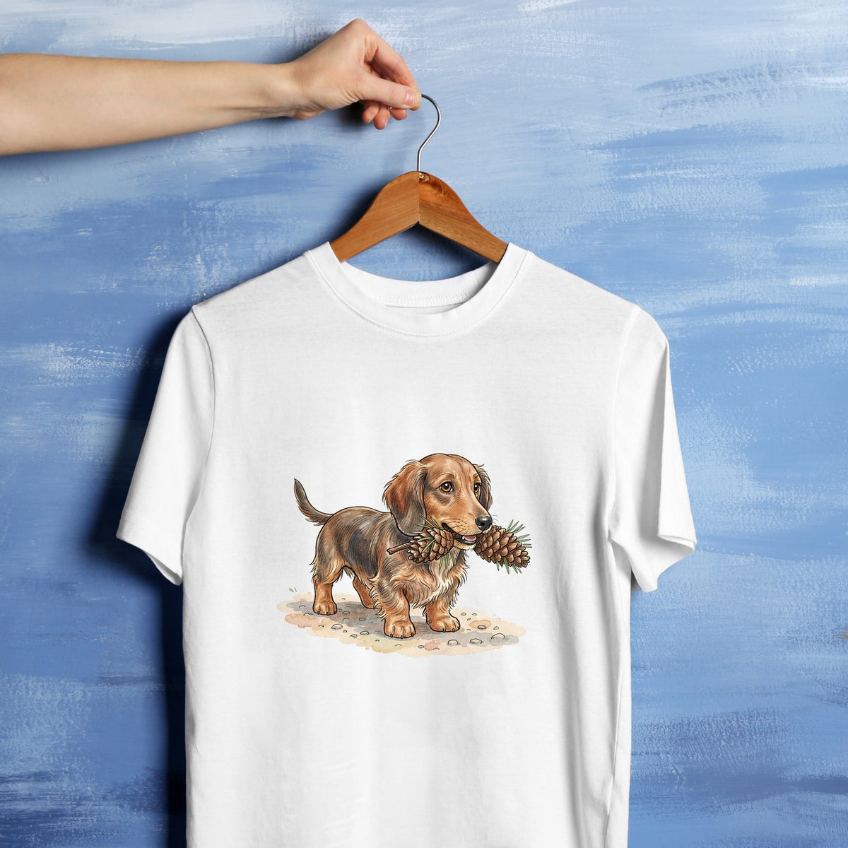 Bügelbild: Dackel mit Kiefernzapfen inkl. Anleitung – auf weißem T-Shirt