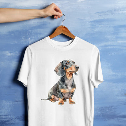 Bügelbild: Dackel mit Zunge im Gesicht inkl. Anleitung – auf weißem T-Shirt