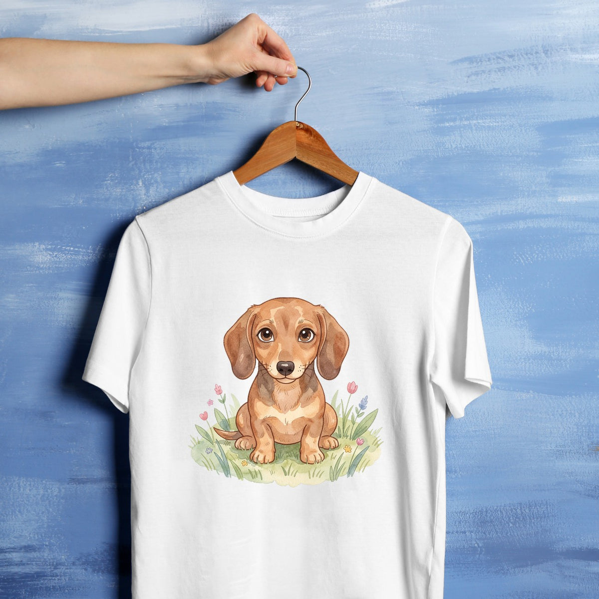 Bügelbild: Dackelwelpen auf der Wiese inkl. Anleitung – auf weißem T-Shirt