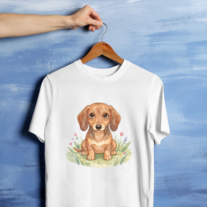 Bügelbild: Dackelwelpen auf der Wiese inkl. Anleitung – auf weißem T-Shirt