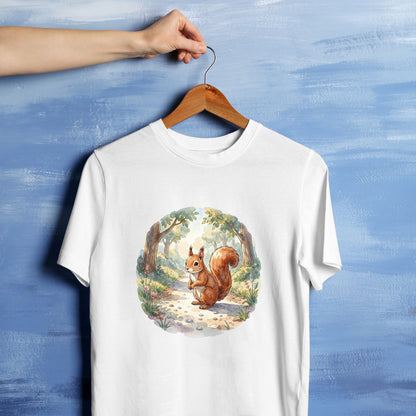 Bügelbild: Eichhörnchen auf der Blumenwiese inkl. Anleitung – auf weißem T-Shirt