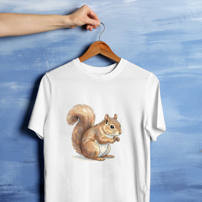 Bügelbild: Eichhörnchen beim Nussknabbern inkl. Anleitung – auf weißem T-Shirt