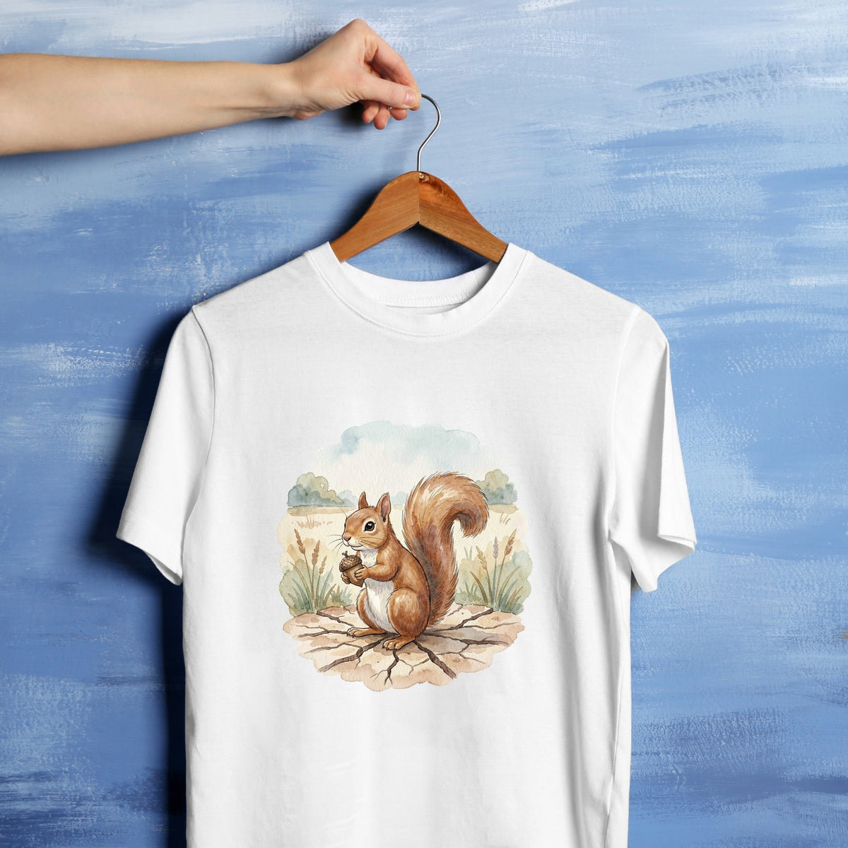 Bügelbild: Eichhörnchen mit Nuss inkl. Anleitung – auf weißem T-Shirt