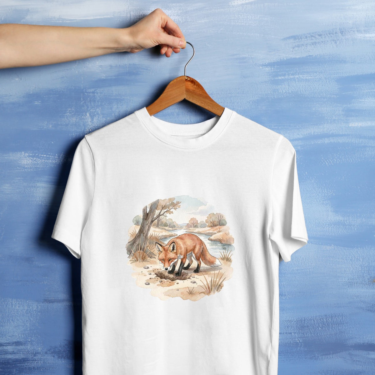 Bügelbild: Fuchs am Flussufer inkl. Anleitung – auf weißem T-Shirt