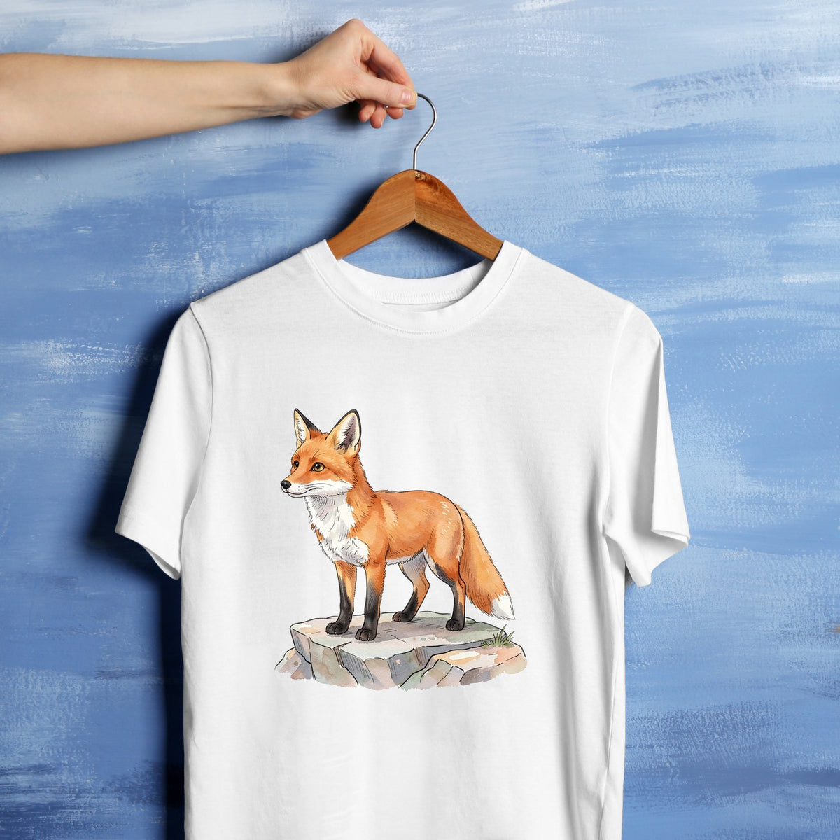 Bügelbild: Fuchs auf Stein inkl. Anleitung – auf weißem T-Shirt