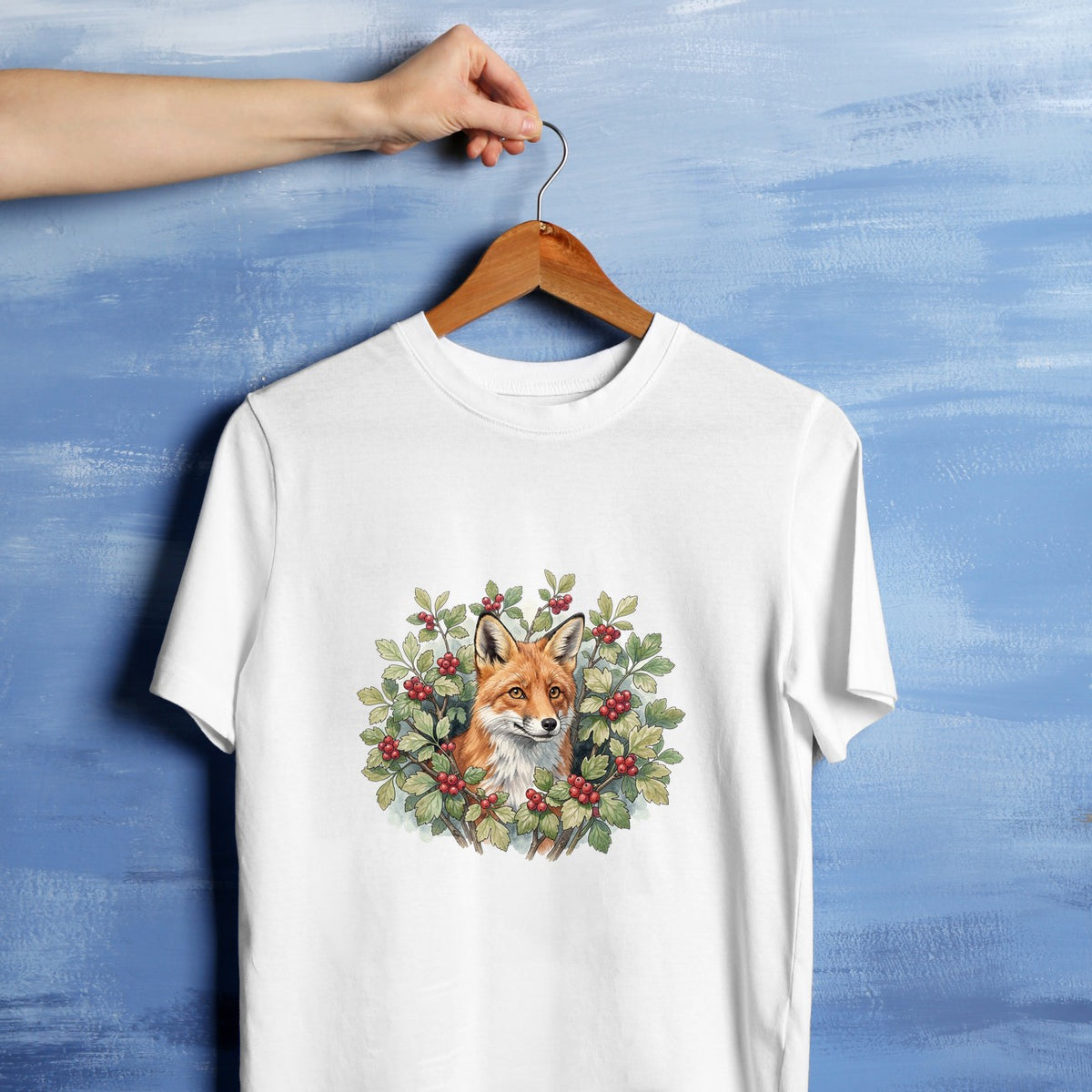 Bügelbild: Fuchs im Beerenbusch inkl. Anleitung – auf weißem T-Shirt