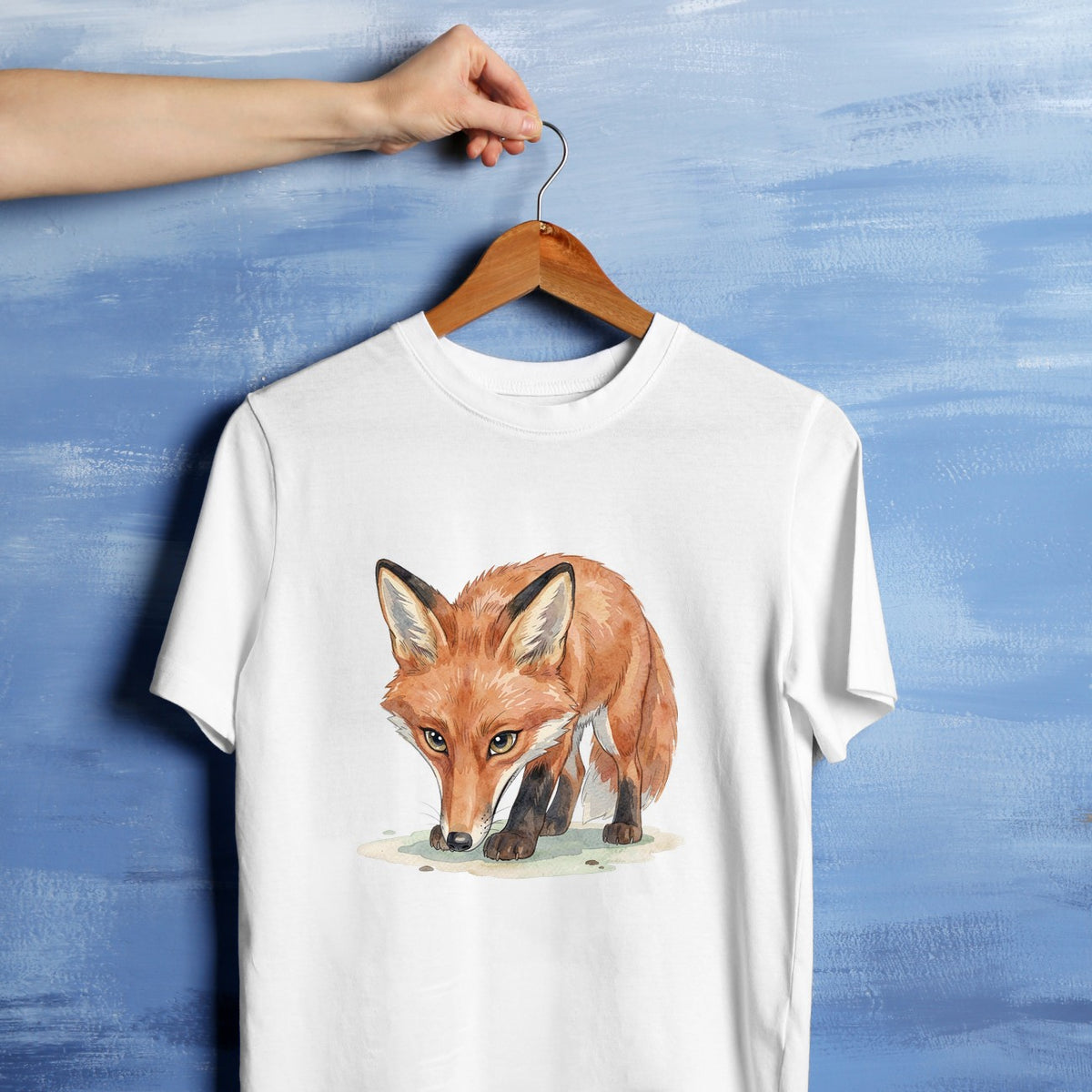 Bügelbild: Fuchs in der Jägerpose inkl. Anleitung – auf weißem T-Shirt