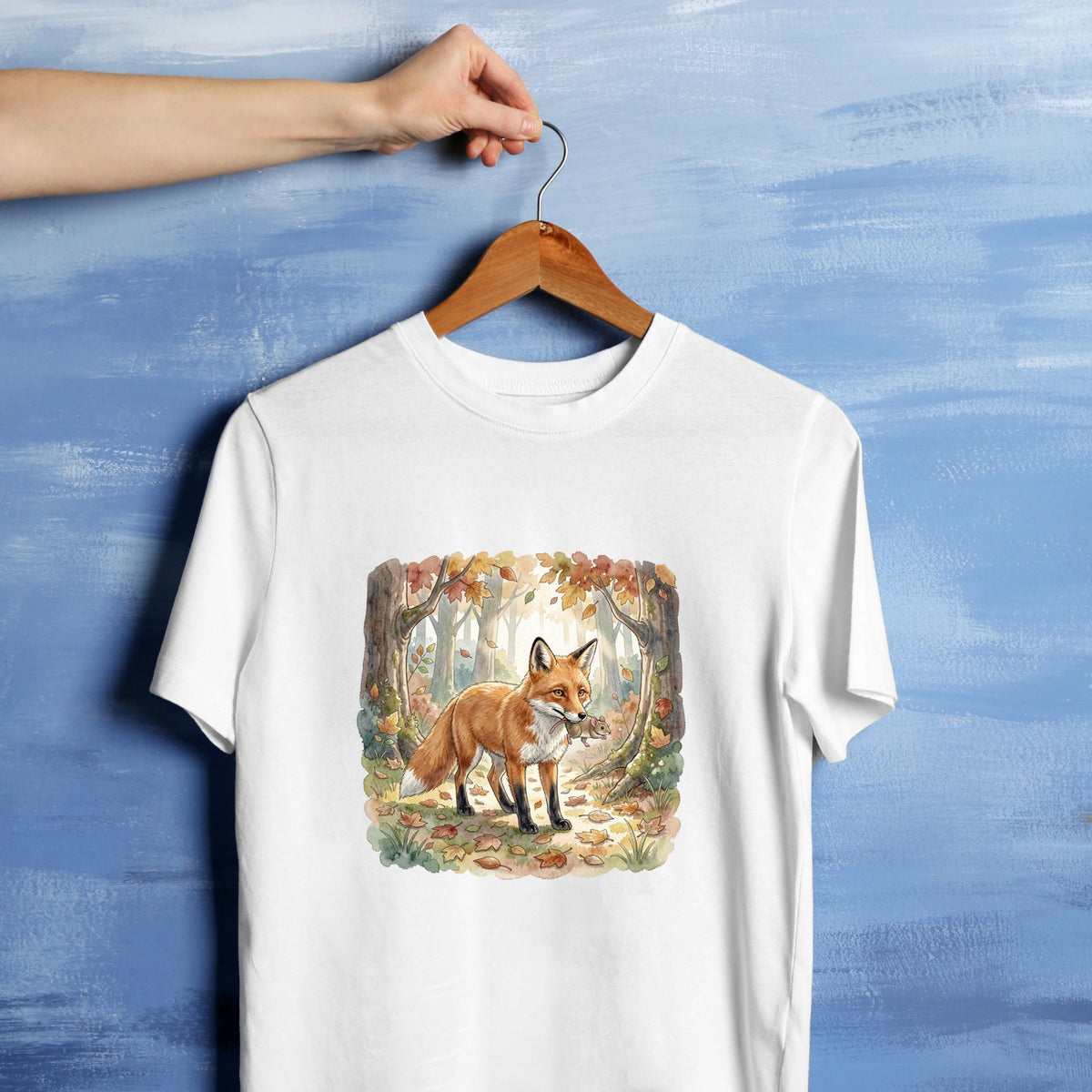 Bügelbild: Fuchs mit Maus im Herbst inkl. Anleitung – auf weißem T-Shirt