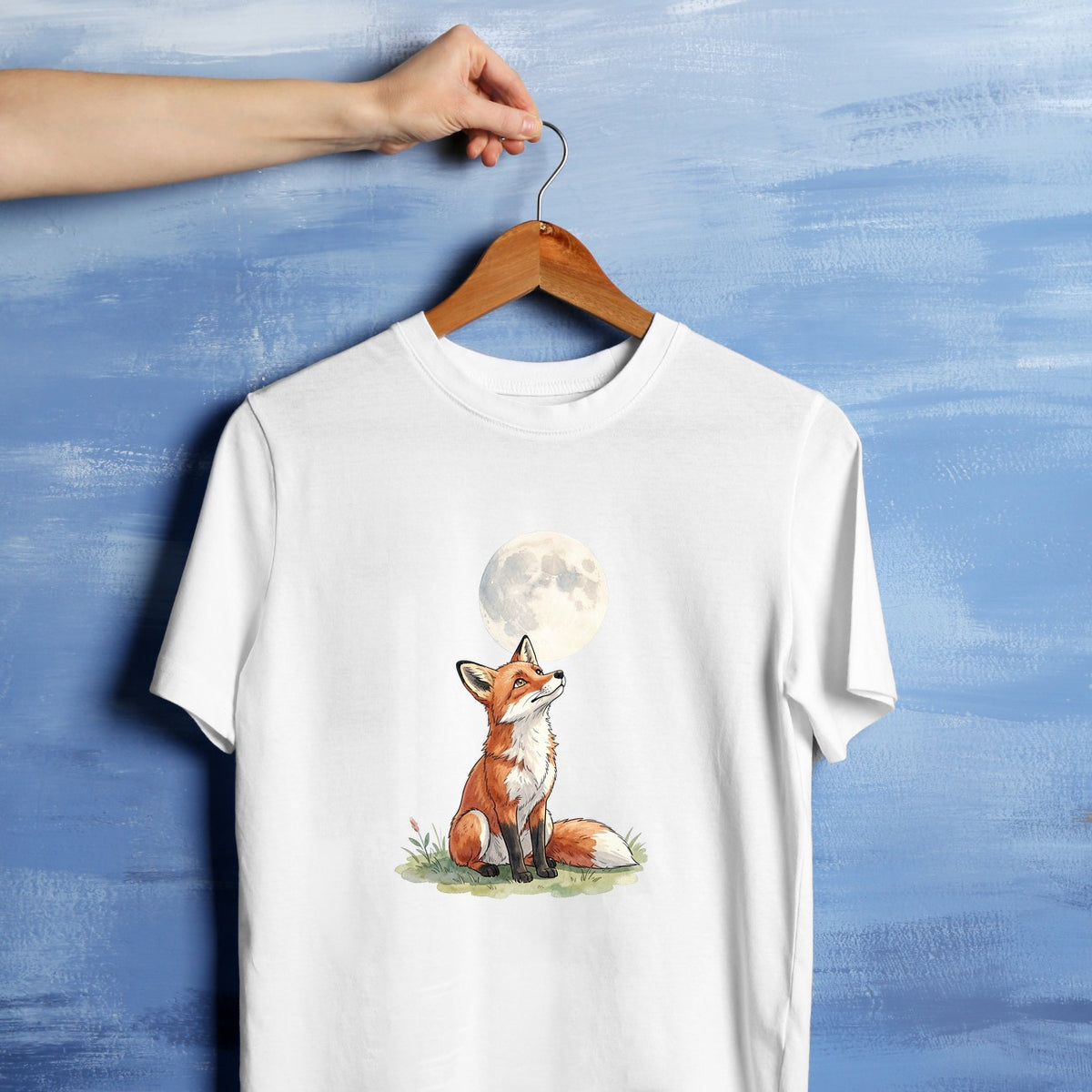 Bügelbild: Fuchs unter Vollmond inkl. Anleitung – auf weißem T-Shirt