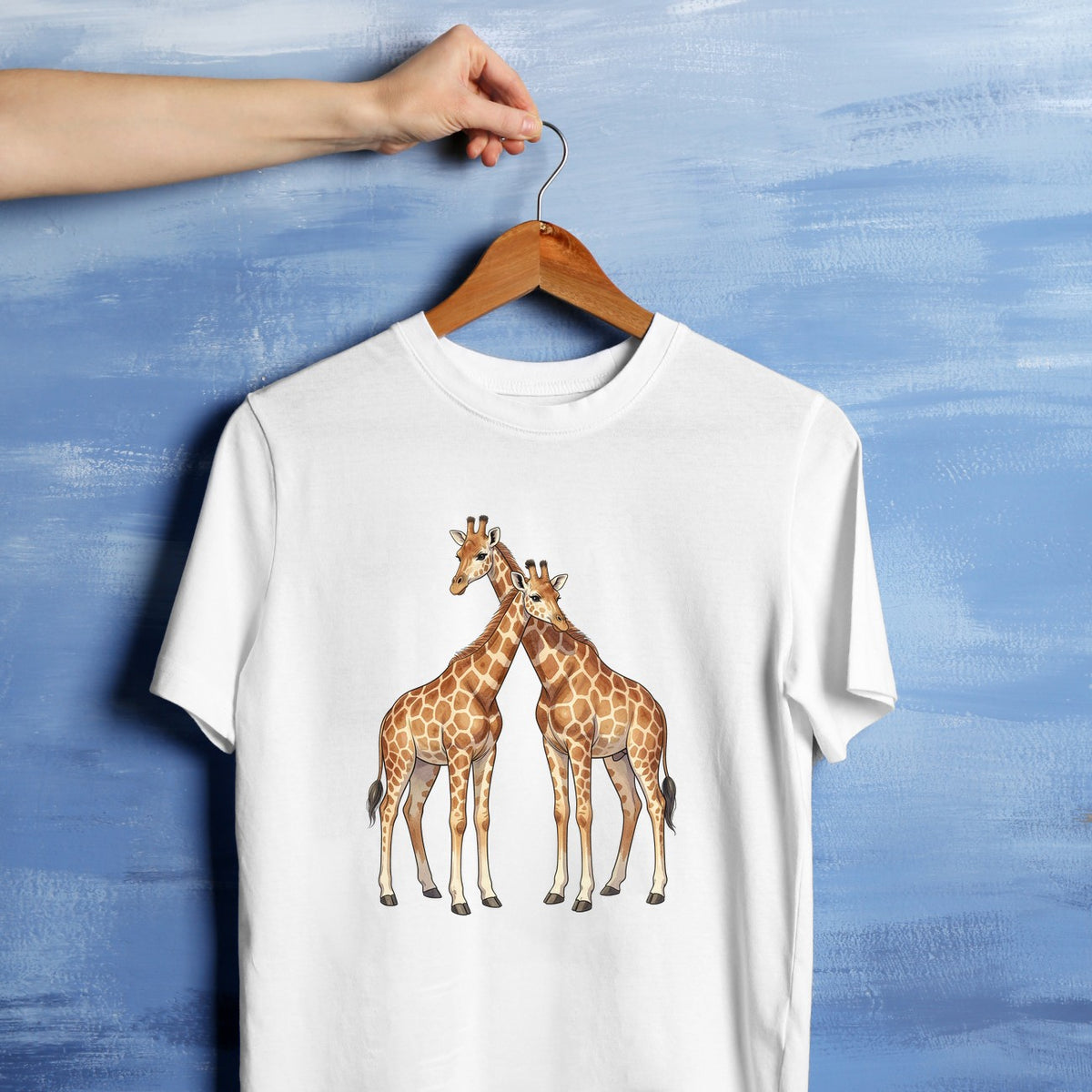 Bügelbild: Giraffenpaar mit überkreuzten Hälsen inkl. Anleitung – auf weißem T-Shirt