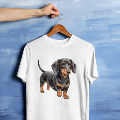 Bügelbild: Schwarzer Dackel beim Gassi inkl. Anleitung – auf weißem T-Shirt