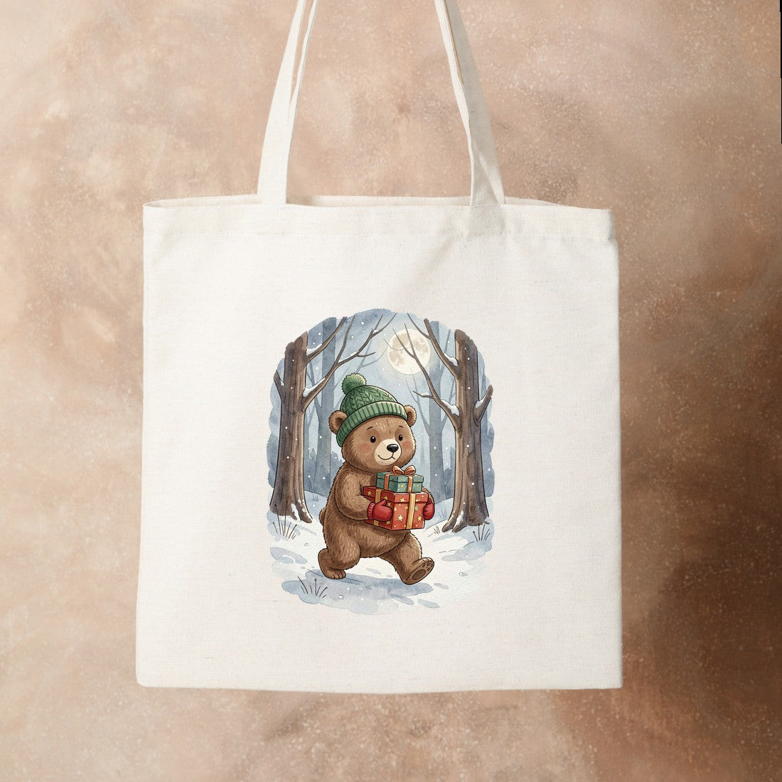 Bügelbild: Bär mit Geschenken im Schnee inkl. Anleitung – auf Stofftasche