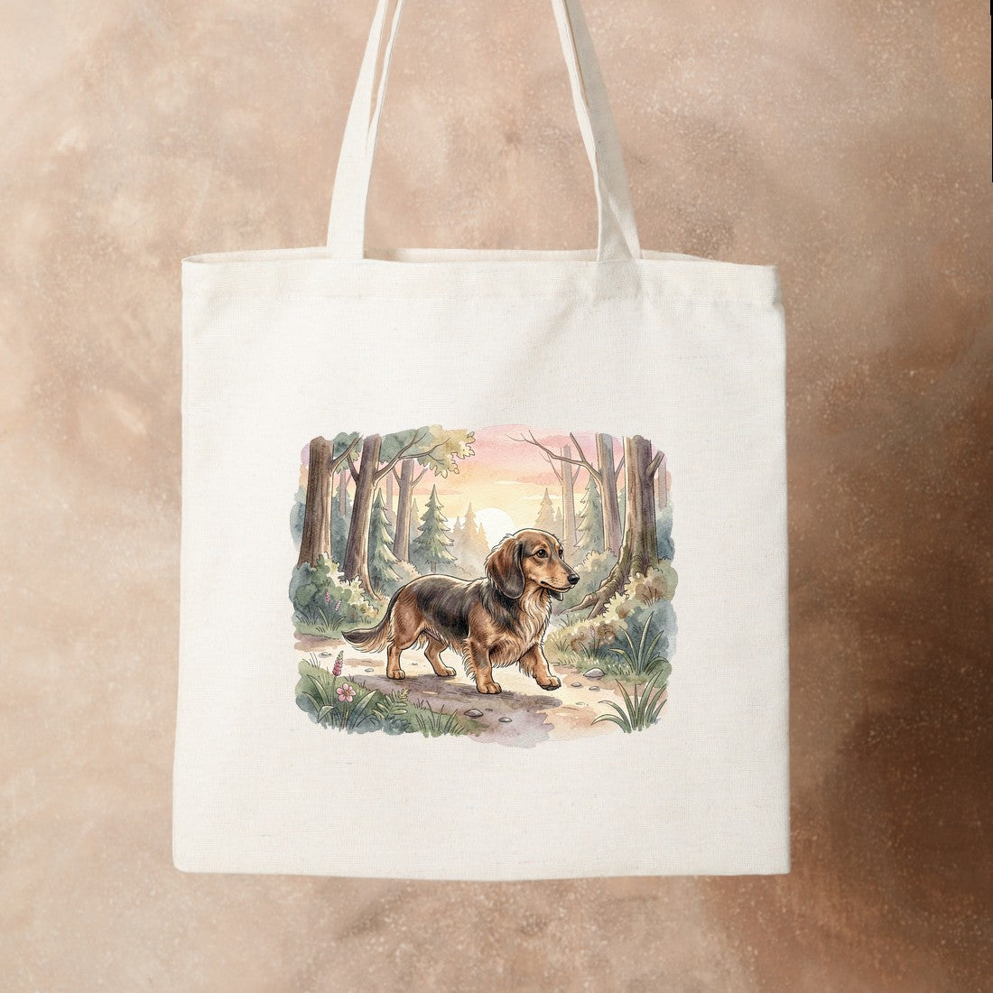 Bügelbild: Dackel auf Waldspaziergang inkl. Anleitung – auf Stofftasche