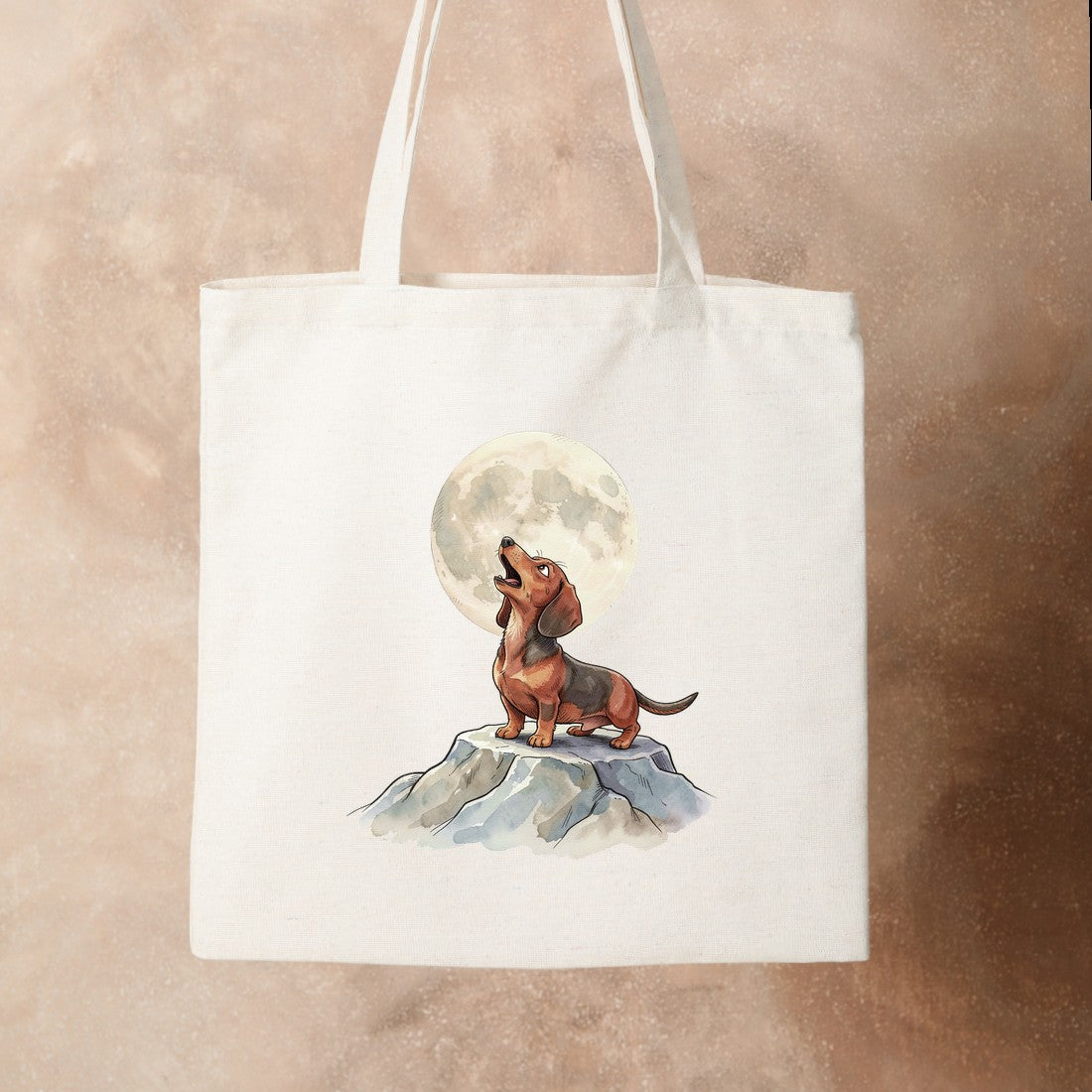 Bügelbild: Dackel heult nach dem Mond inkl. Anleitung – auf Stofftasche