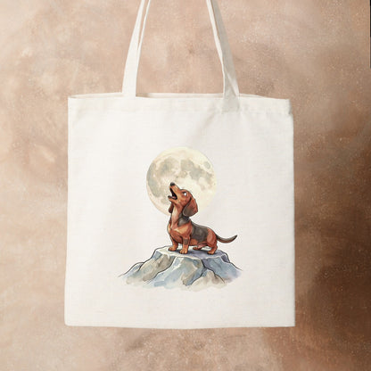 Bügelbild: Dackel heult nach dem Mond inkl. Anleitung – auf Stofftasche