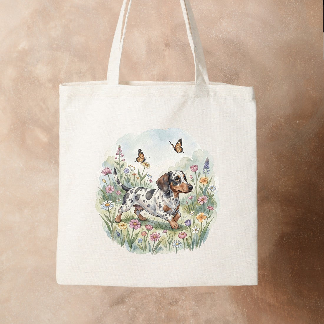 Bügelbild: Dackel im Schmetterlingsgarten inkl. Anleitung – auf Stofftasche