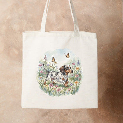 Bügelbild: Dackel im Schmetterlingsgarten inkl. Anleitung – auf Stofftasche