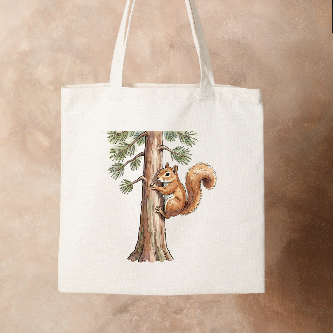 Bügelbild: Eichhörnchen am Kiefernstamm inkl. Anleitung – auf Stofftasche