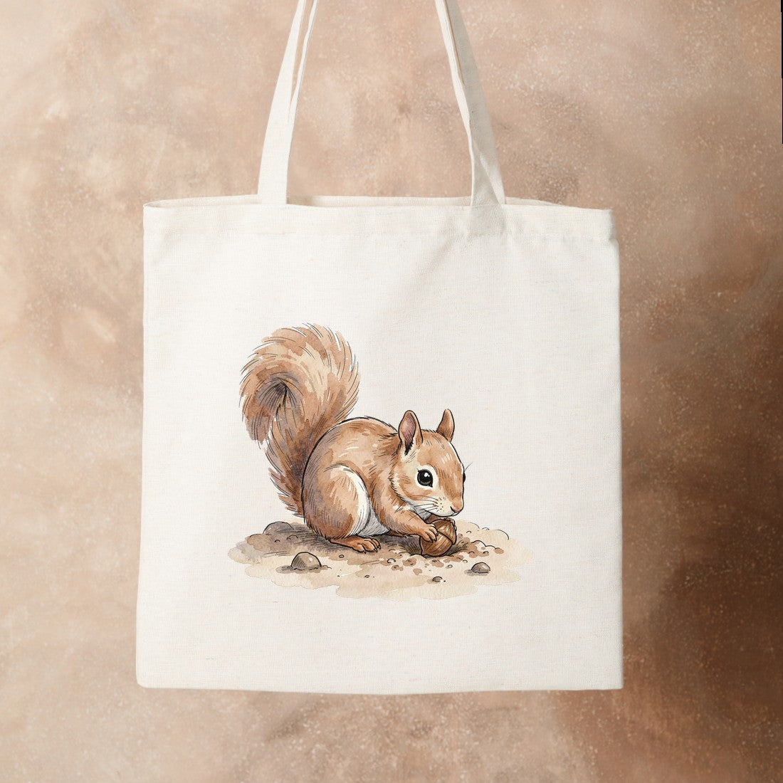 Bügelbild: Eichhörnchen beim Nüssevergraben inkl. Anleitung – auf Stofftasche
