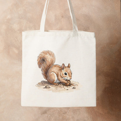 Bügelbild: Eichhörnchen beim Nüssevergraben inkl. Anleitung – auf Stofftasche