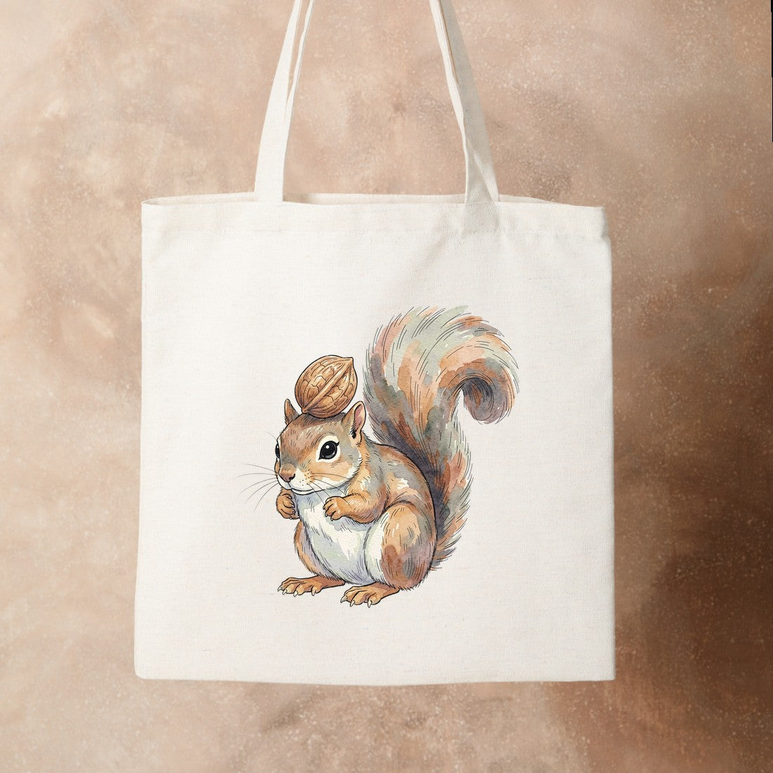 Bügelbild: Eichhörnchen mit Walnuss auf dem Kopf inkl. Anleitung – auf Stofftasche