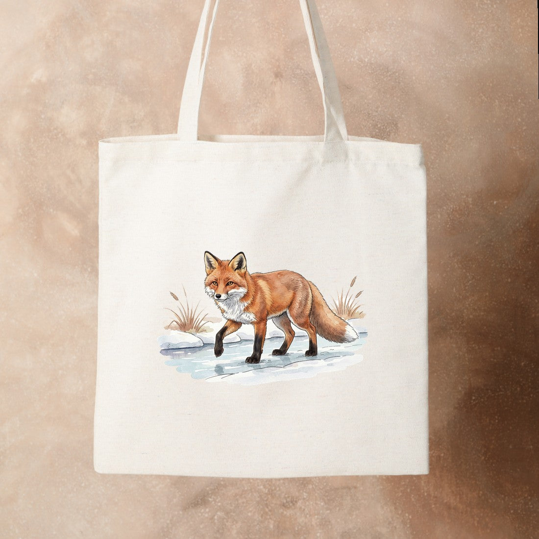Bügelbild: Fuchs über gefrorenes Wasser inkl. Anleitung – auf Stofftasche