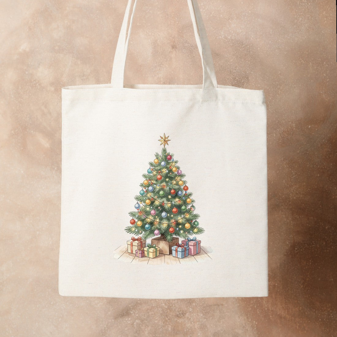 Bügelbild: Weihnachtsbaum mit Geschenken und Lichtern inkl. Anleitung – auf Stofftasche