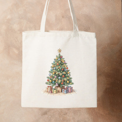 Bügelbild: Weihnachtsbaum mit Geschenken und Lichtern inkl. Anleitung – auf Stofftasche